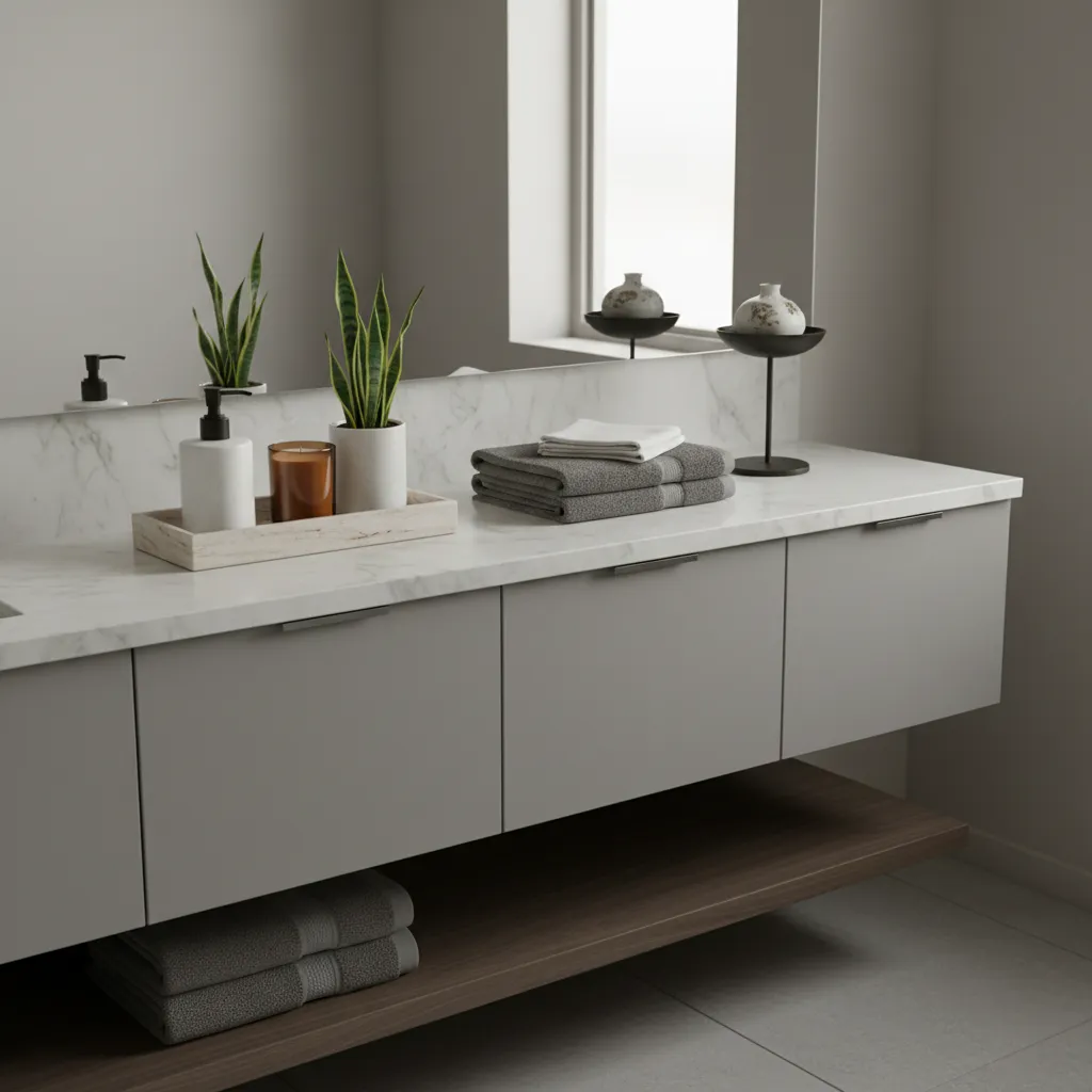 Bathroom vanity styled with layered accessories including tray, soap dispenser, candle and plant