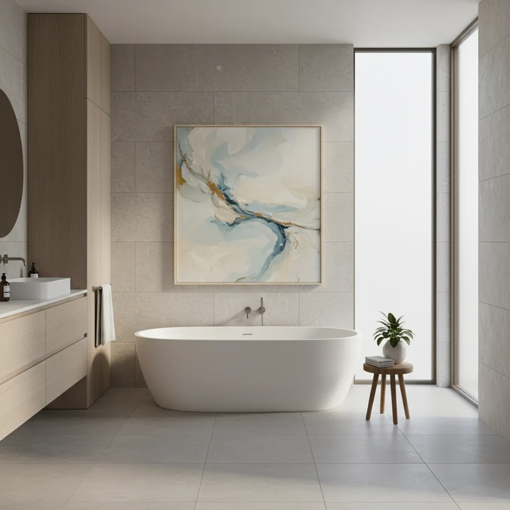 stylish bathroom with framed acrylic painting wall decor above bathtub
