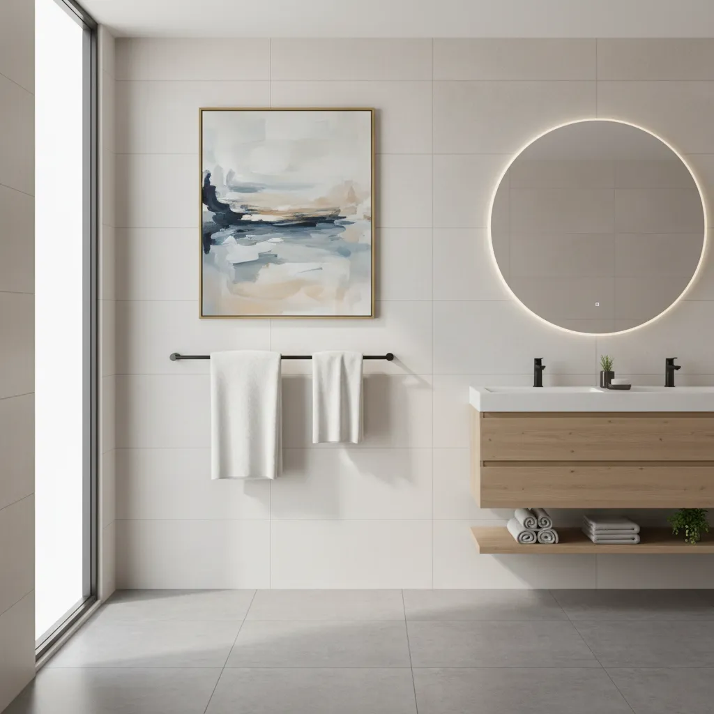 modern bathroom interior with decorative acrylic painting on the wall