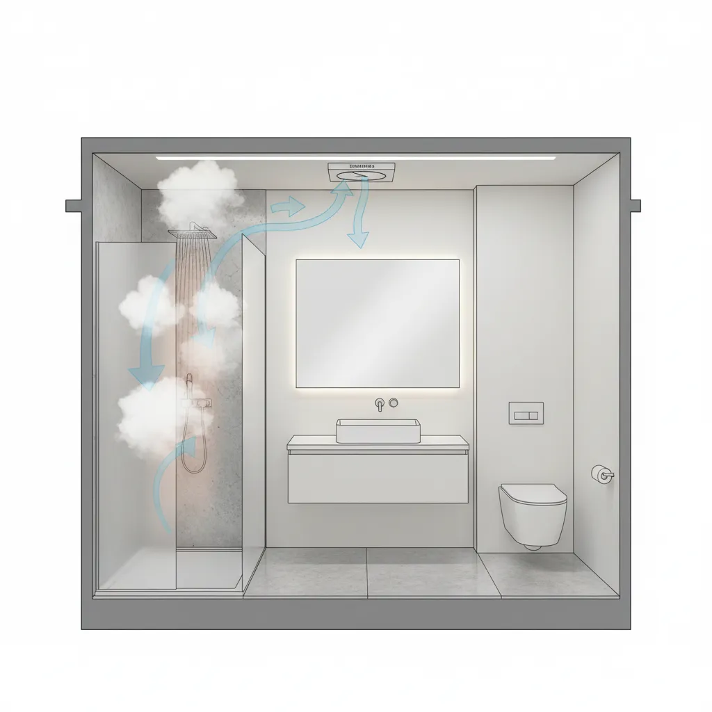Bathroom airflow path showing ventilation from shower to ceiling exhaust fan