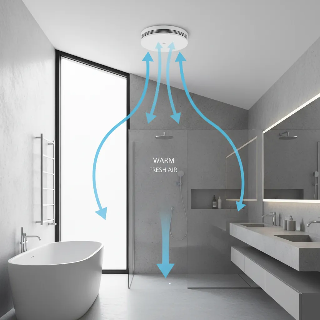 Bathroom airflow diagram showing window and exhaust fan ventilation path