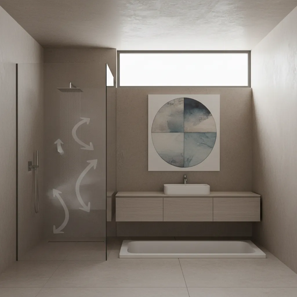bathroom layout showing safe artwork placement away from shower steam