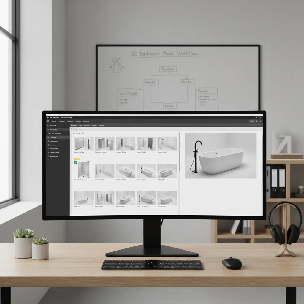 Computer screen displaying a bathroom product library with bathtub models on a wooden office desk