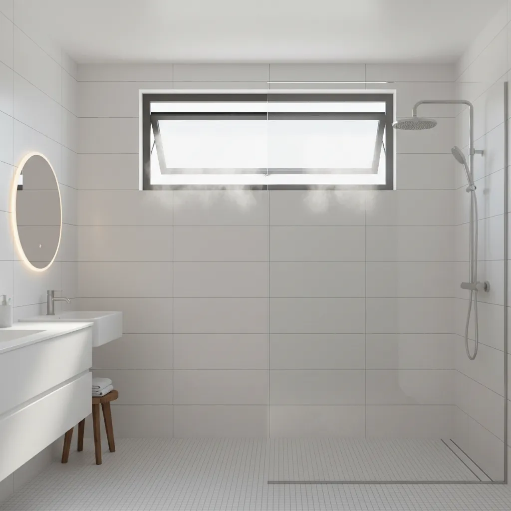 Bathroom with awning ventilation window above shower letting steam escape