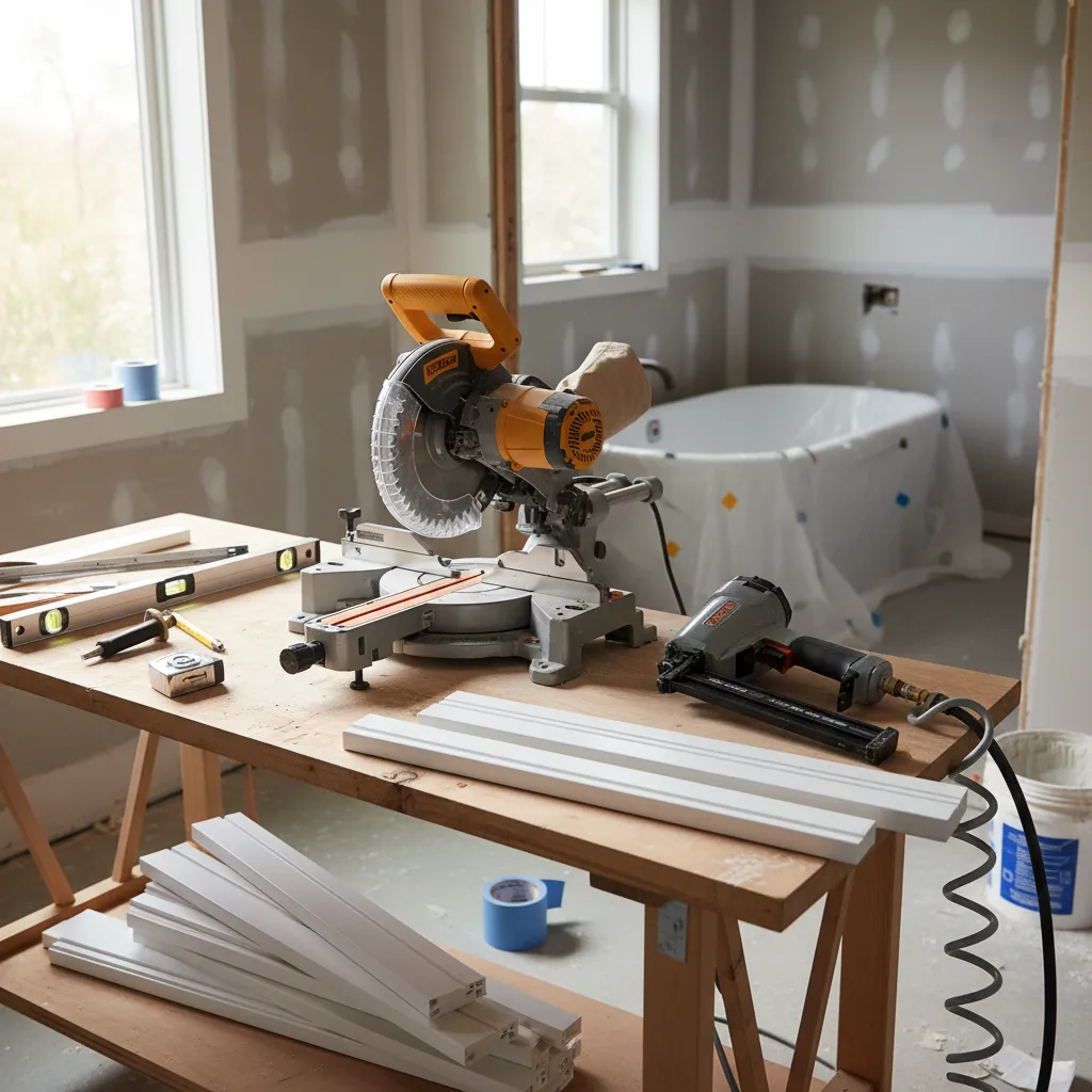 professional tools used for installing bathroom baseboards including miter saw and nail gun