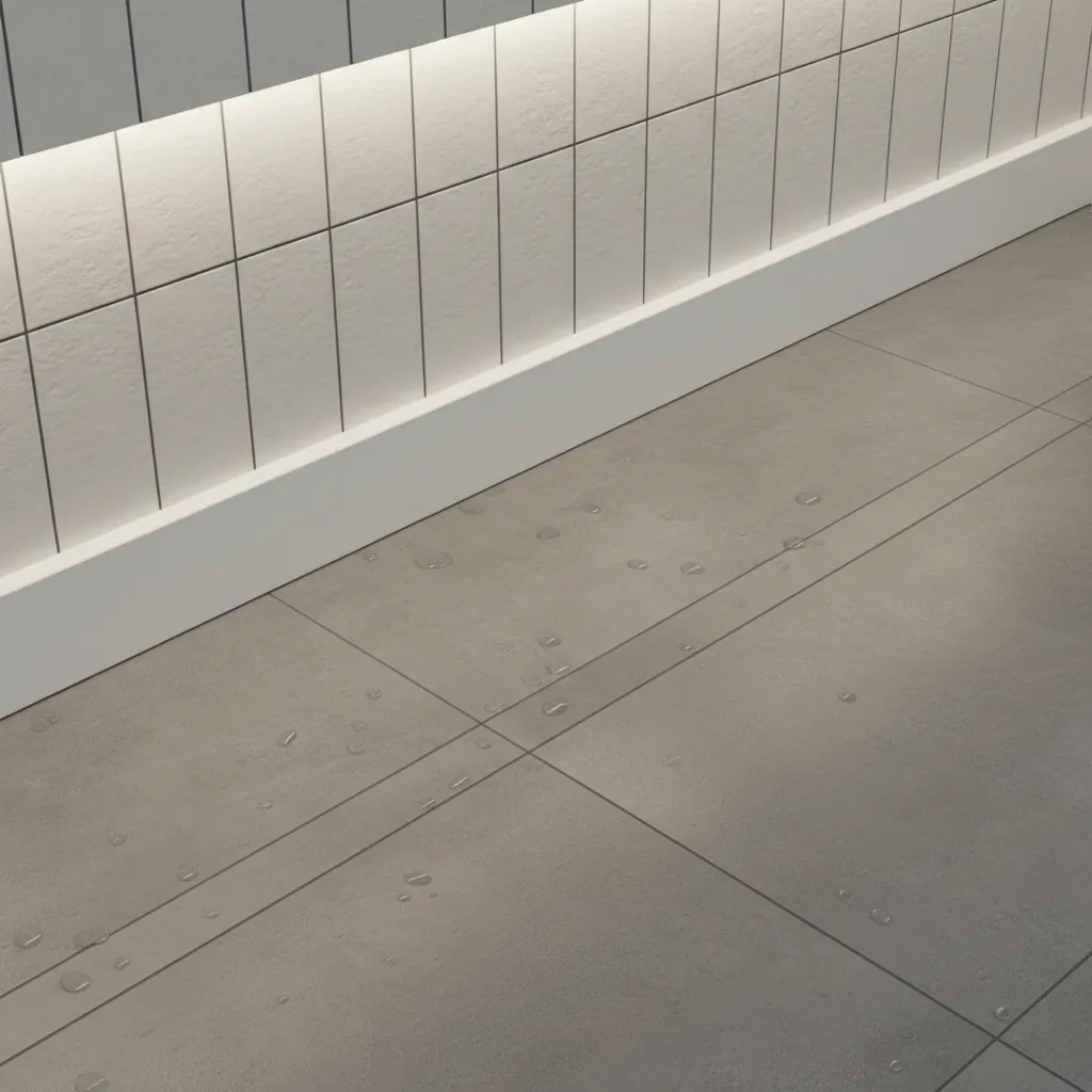 Close view of bathroom floor wall junction showing baseboard area prone to moisture