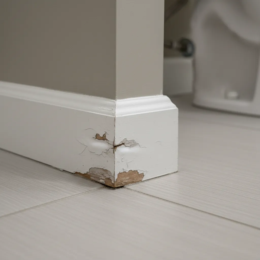 example of bathroom baseboard swelling due to moisture near tile floor