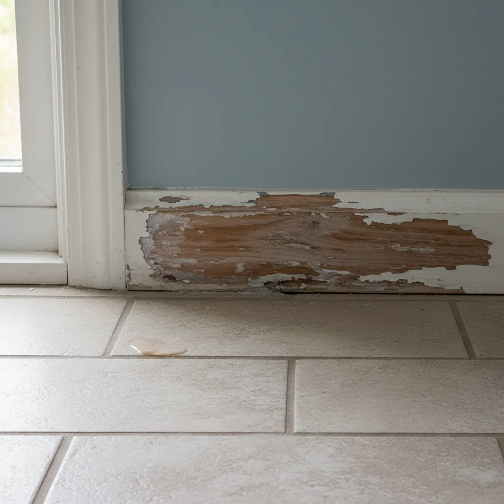 bathroom baseboard with visible swelling and water damage near tile floor
