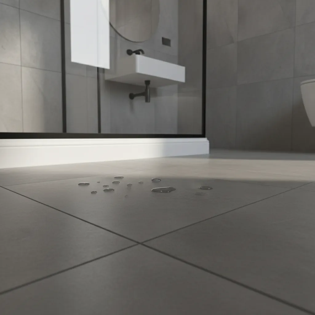 bathroom baseboard along tile floor showing moisture risk area near shower