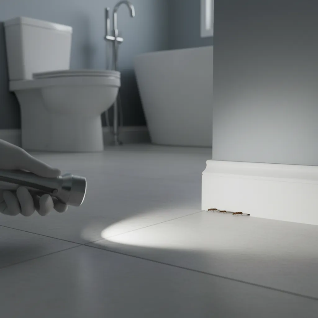 Close inspection of bathroom floor corner where a bed bug was spotted