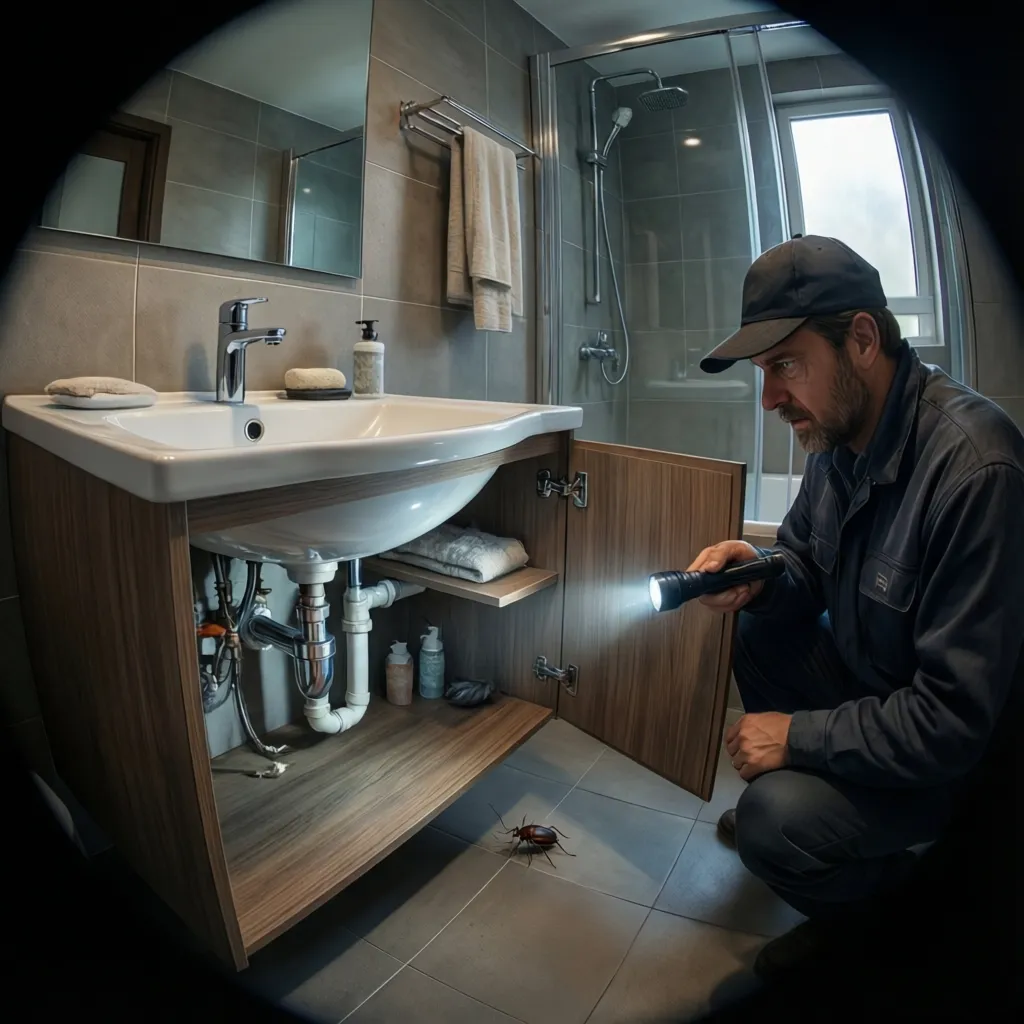 inspector checking bathroom sink cabinet and plumbing for bed bugs