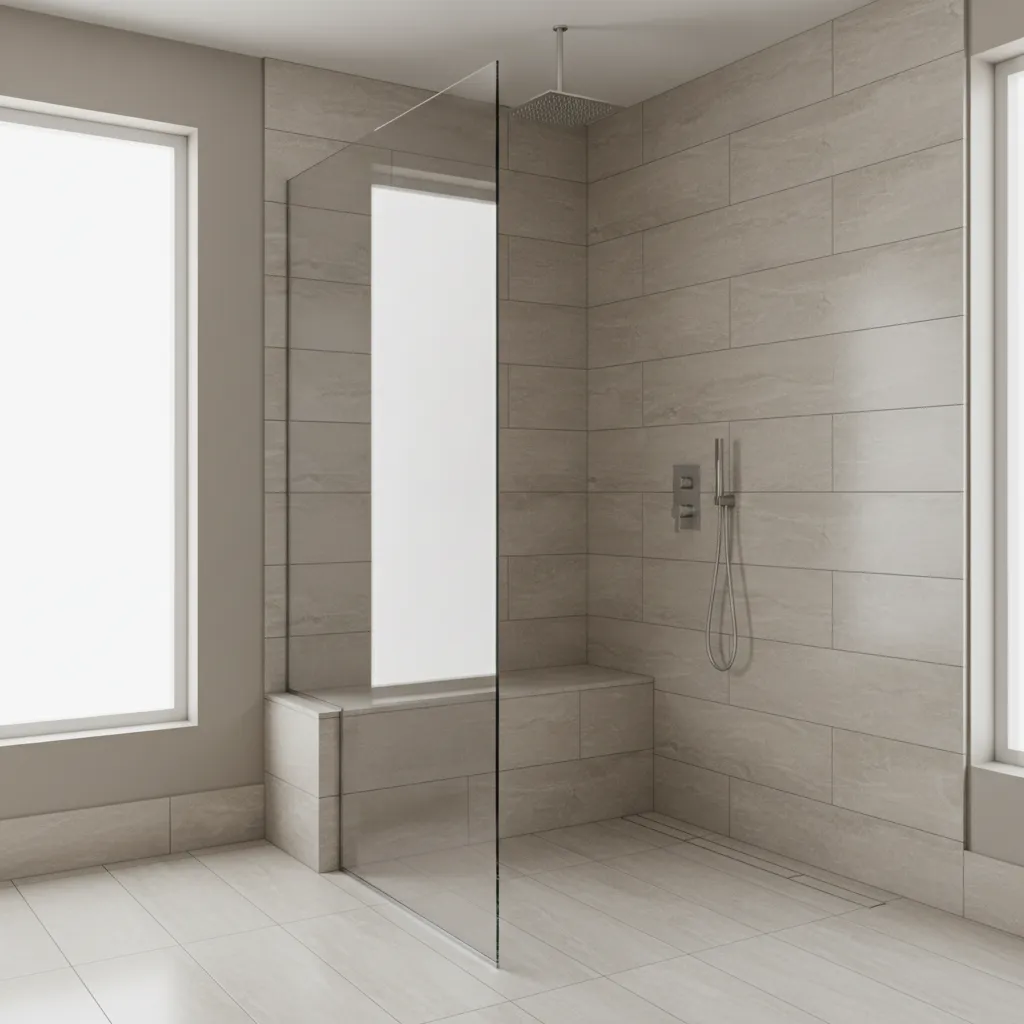 Walk in shower with built in tile bench in a modern bathroom