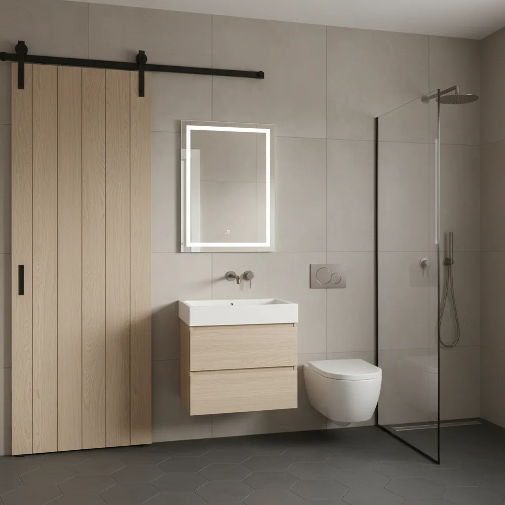Bathroom with bifold barn door showing sliding hardware and layout