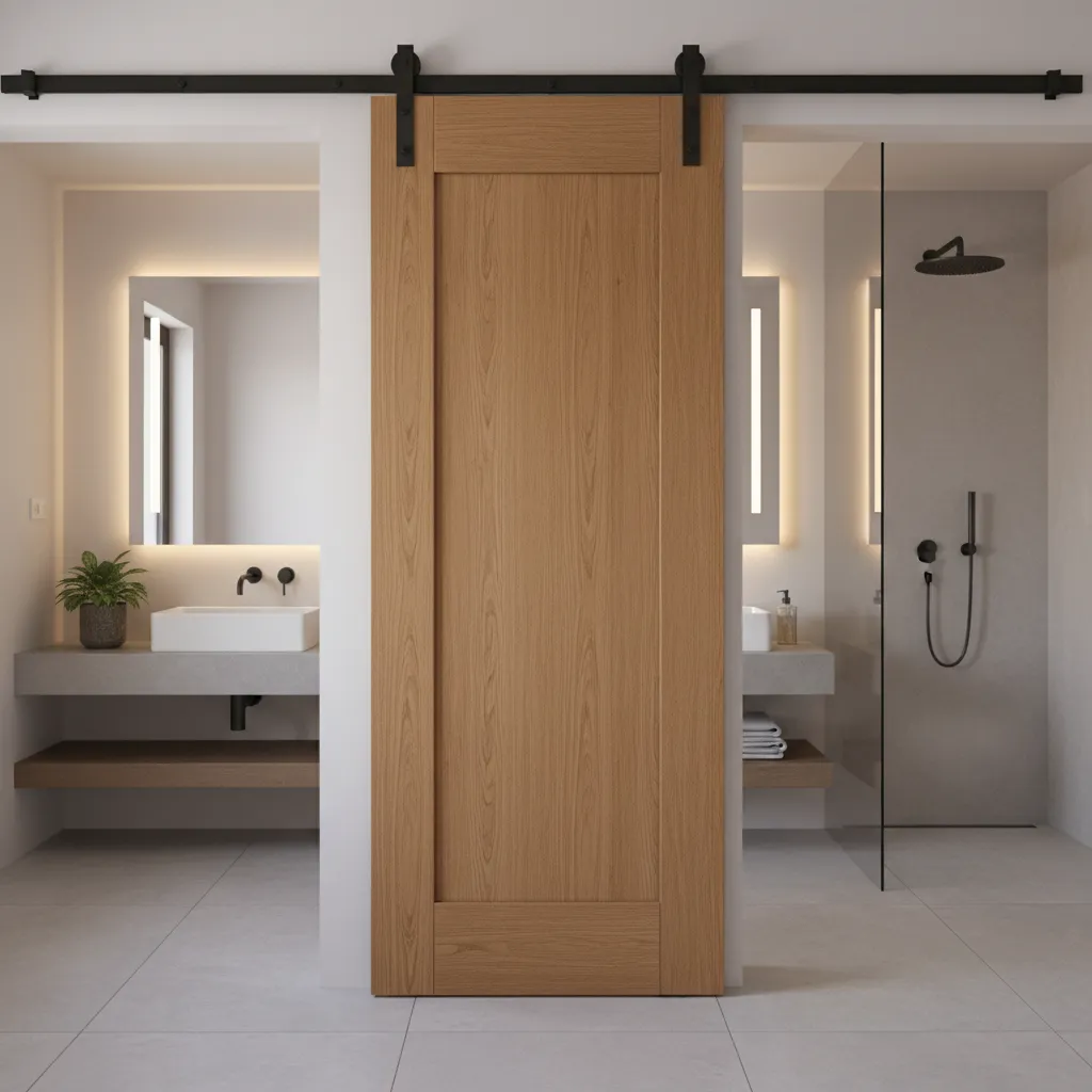 Bathroom bifold barn door with solid wood panels for privacy
