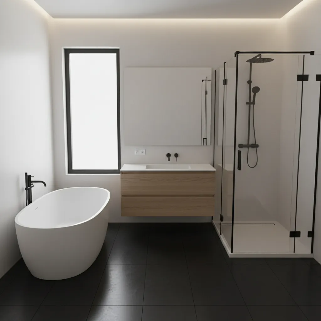 top angle view of bathroom layout highlighting black tile floor and fixtures
