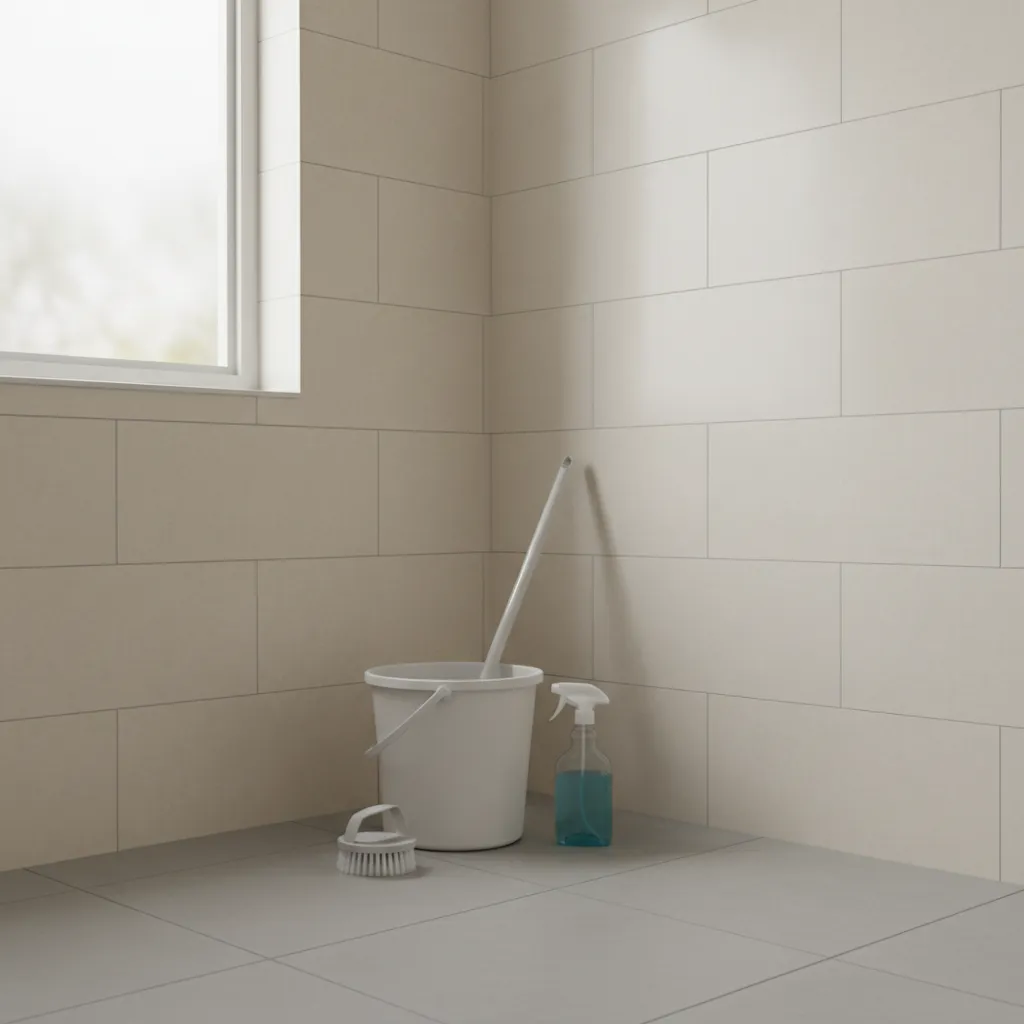 bathroom bucket and cleaning brush placed near shower ready for cleaning routine