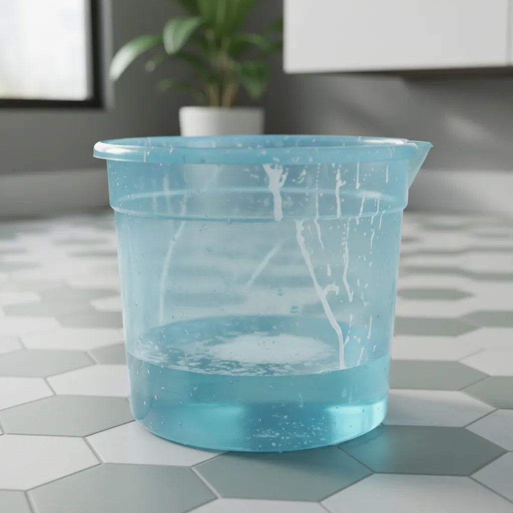 Close view of a bathroom cleaning bucket with soap residue and standing water