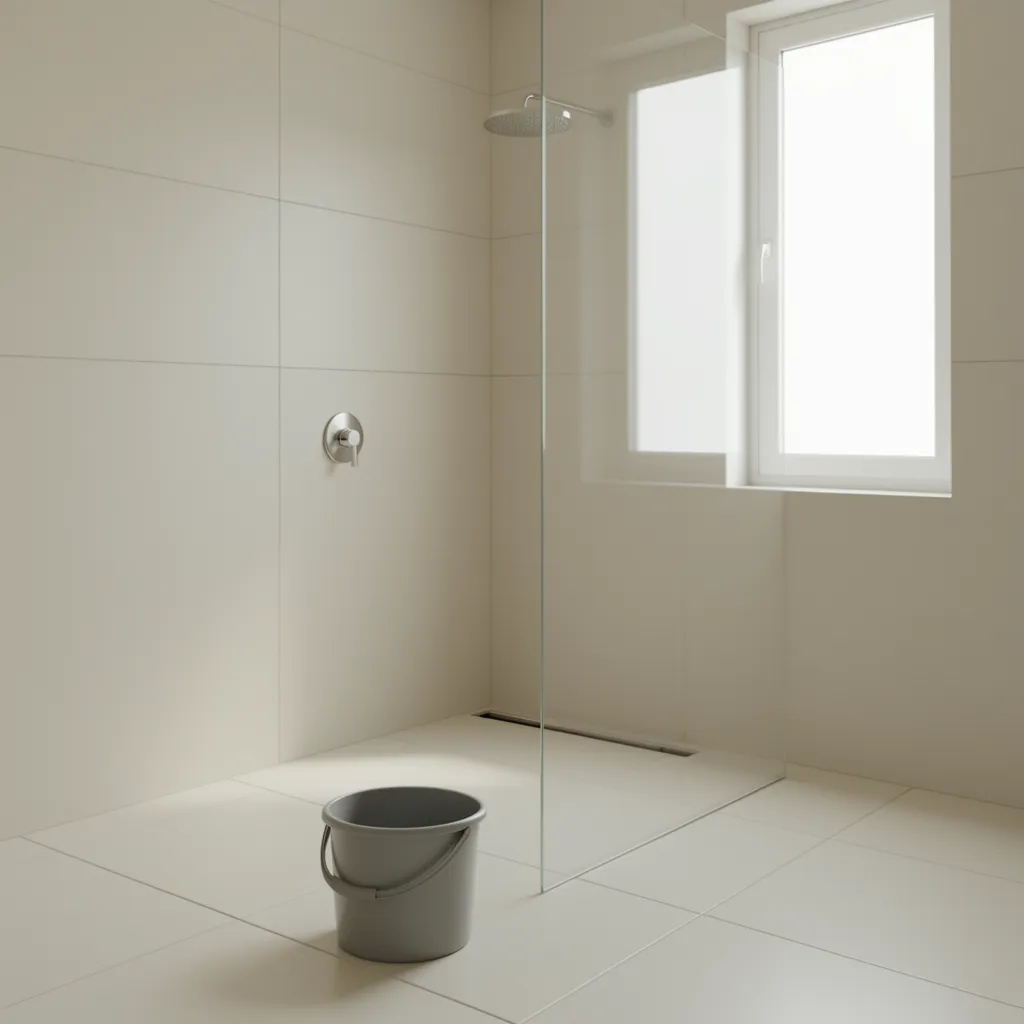 Plastic bathroom bucket sitting on a clean tiled bathroom floor