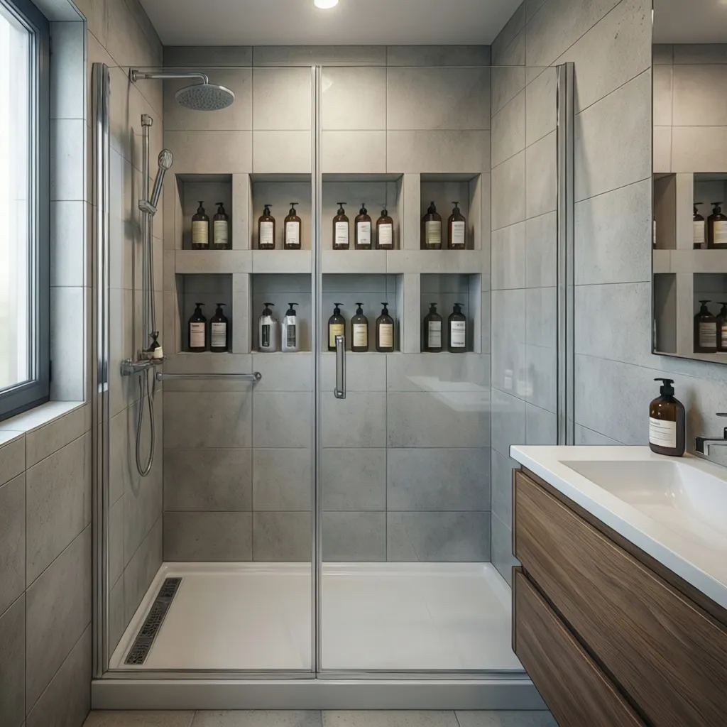 modern shower wall with built in storage niches for toiletries