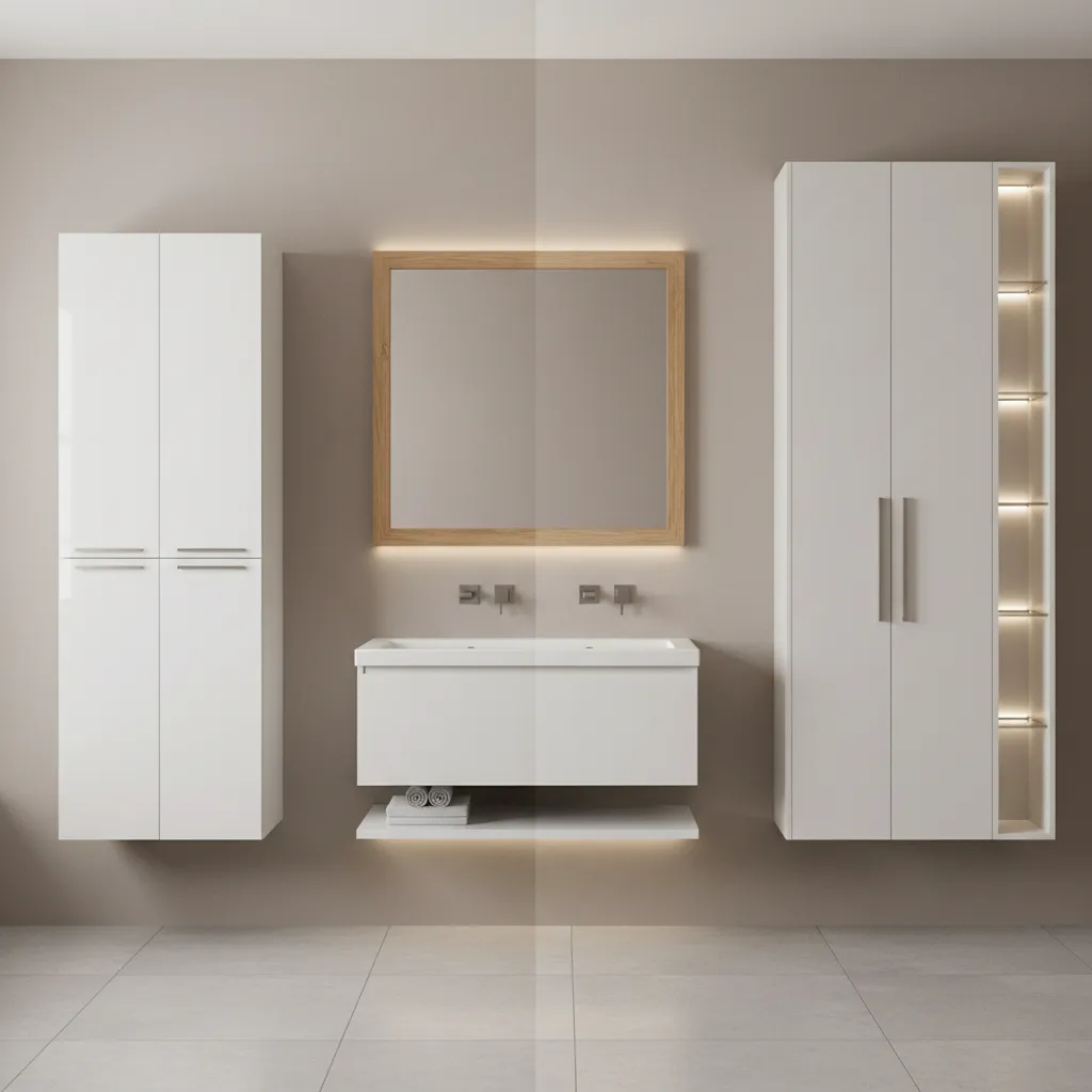 side by side comparison of wall cabinet and recessed cabinet in bathroom