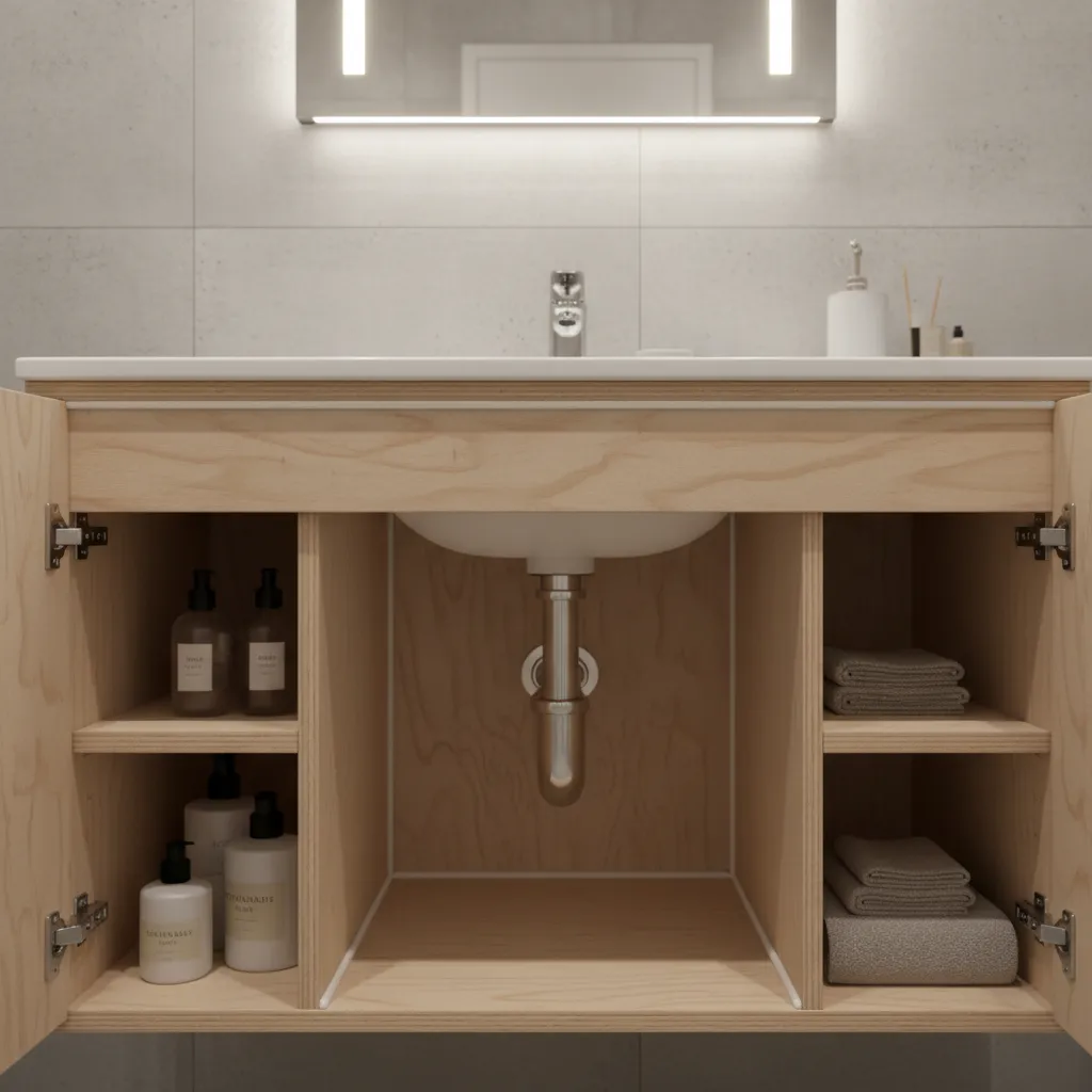 Close-up of bathroom vanity cabinet with sealed wood edges and plumbing cutout