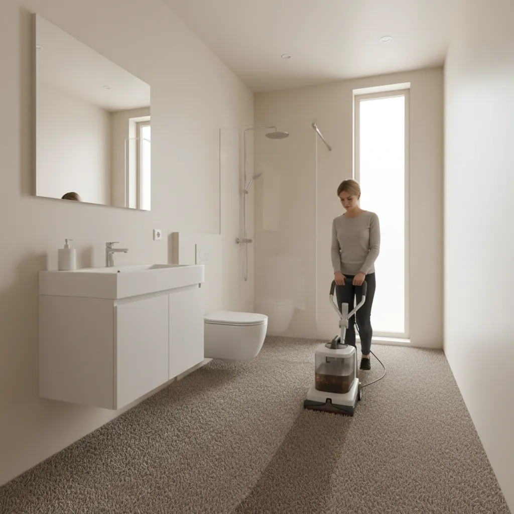 Homeowner cleaning bathroom carpet with portable carpet cleaner