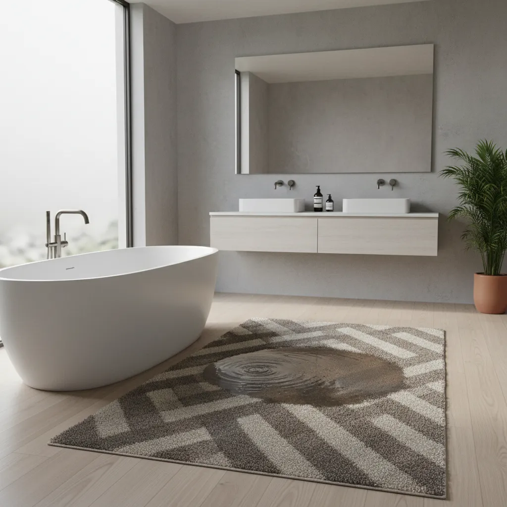 Bathroom carpet showing damp area near bathtub illustrating moisture retention