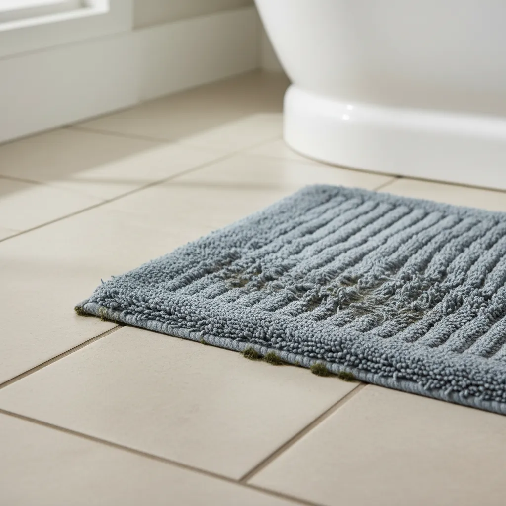 close view of bathroom rug with subtle dark mold spots and moisture signs