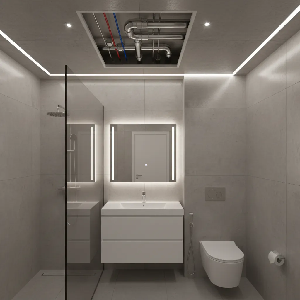 Bathroom false ceiling with open inspection panel showing plumbing pipes above