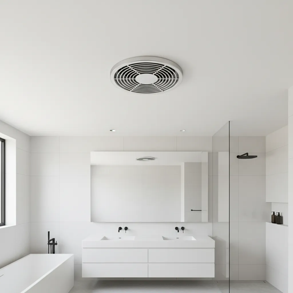 Round bathroom exhaust fan cover installed on a ceiling in a modern bathroom