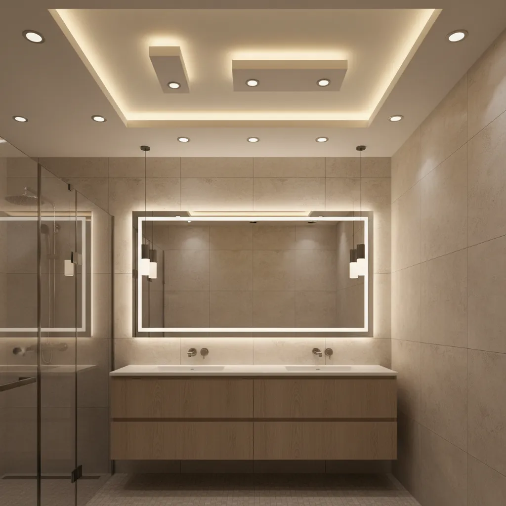 Bathroom ceiling with LED strip lighting and spotlights integrated in POP design
