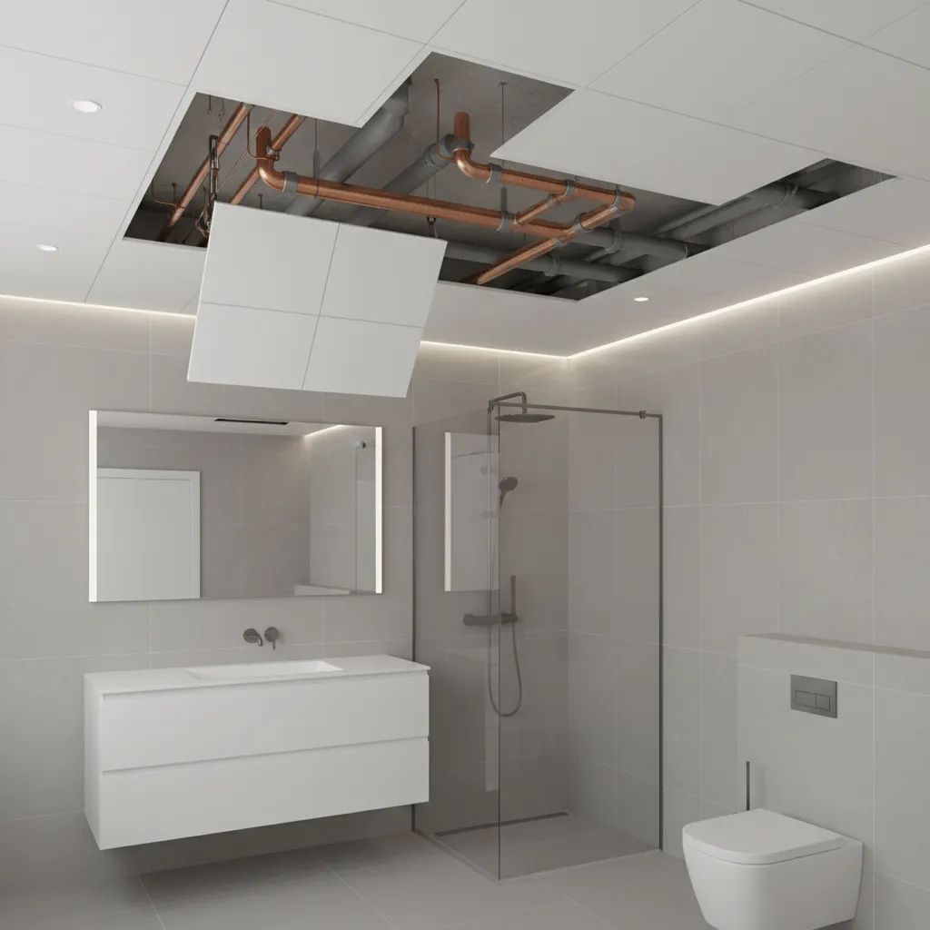 bathroom false ceiling with visible plumbing layout and maintenance access panel