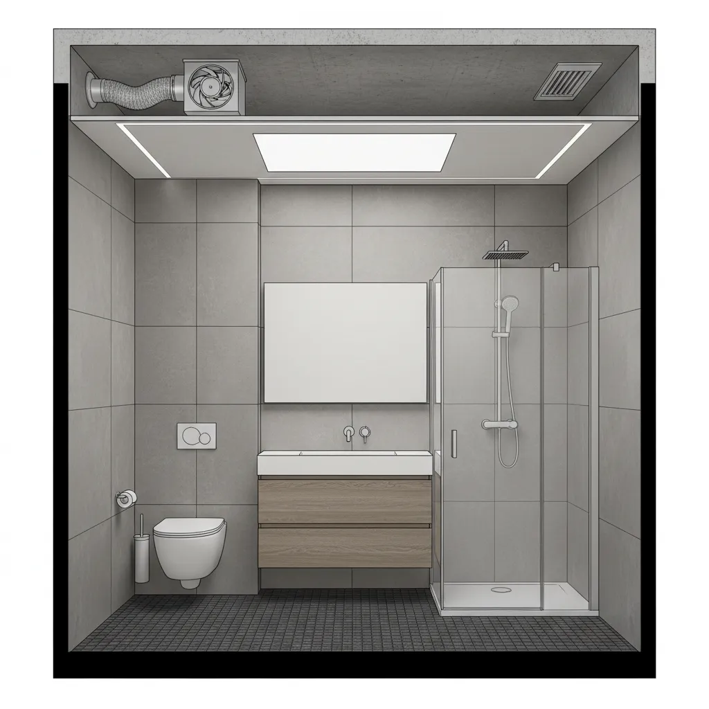 Diagram style interior render showing exhaust fan placement in small bathroom false ceiling