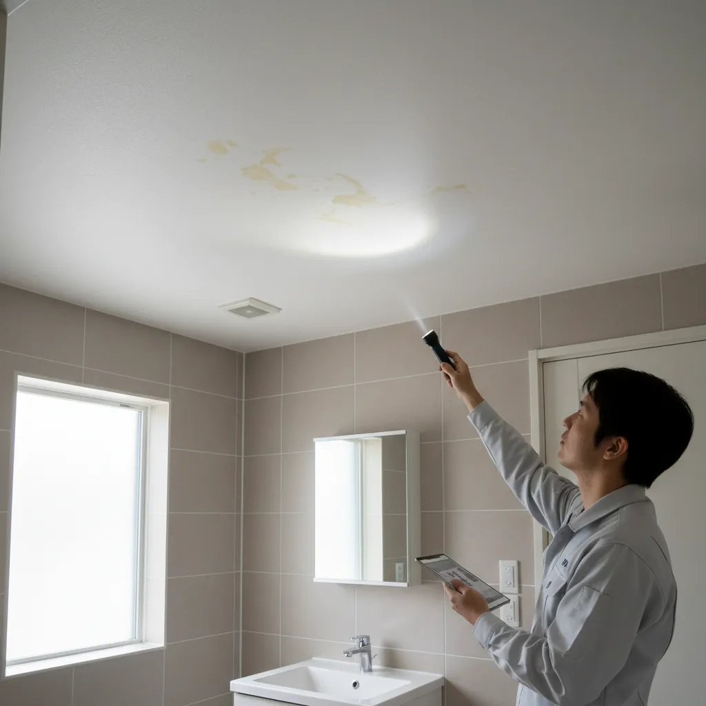 bathroom ceiling showing early water stains and inspection signs