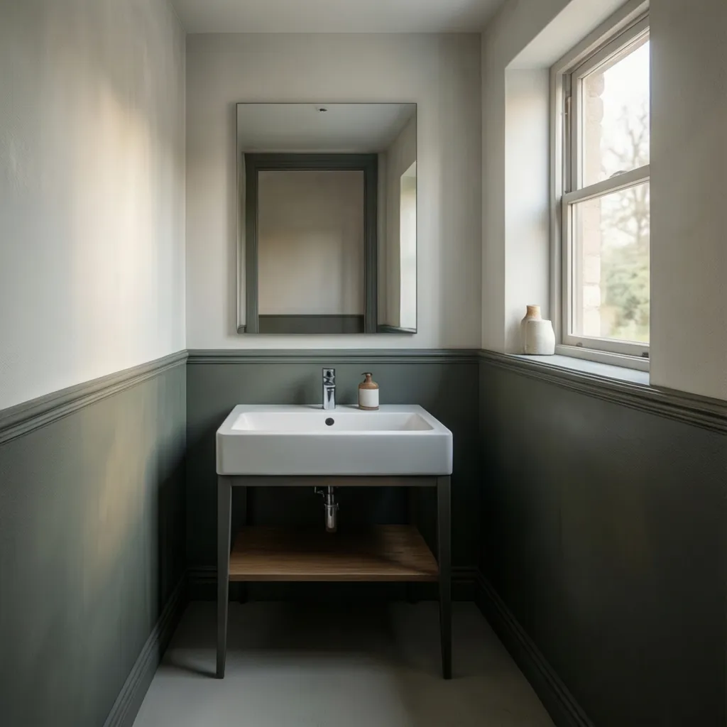 small bathroom wall with soft color blocking using chair rail