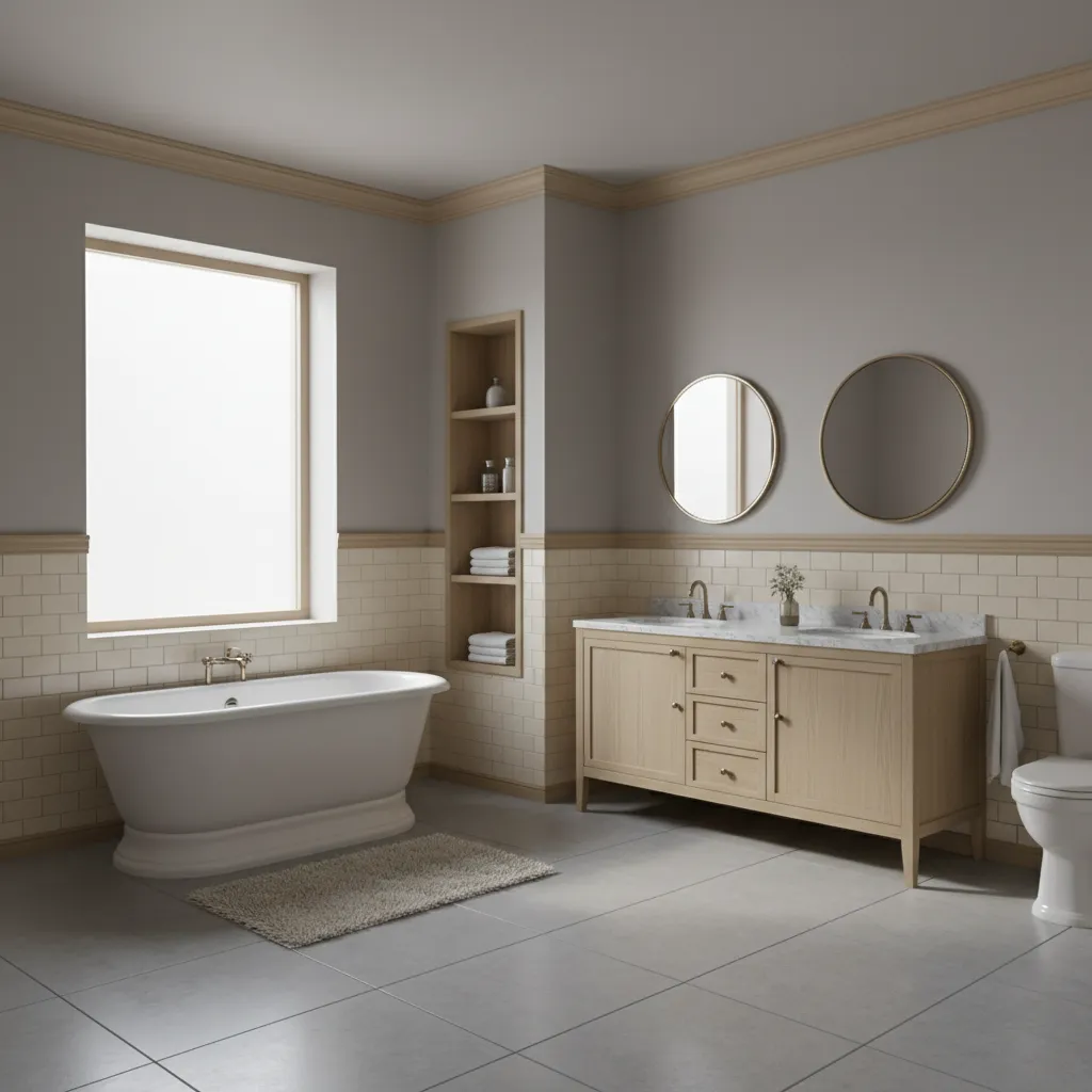 Bathroom wall with chair rail separating tile wainscoting and painted wall