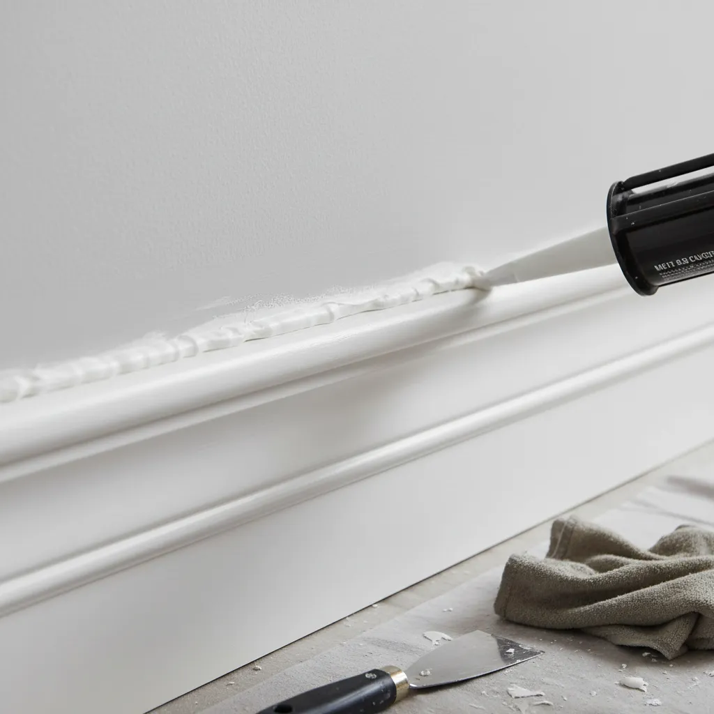 close view of caulking gap between chair rail molding and bathroom wall