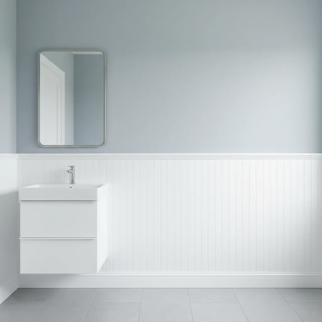 Bathroom wall with chair rail installed around 34 inches height