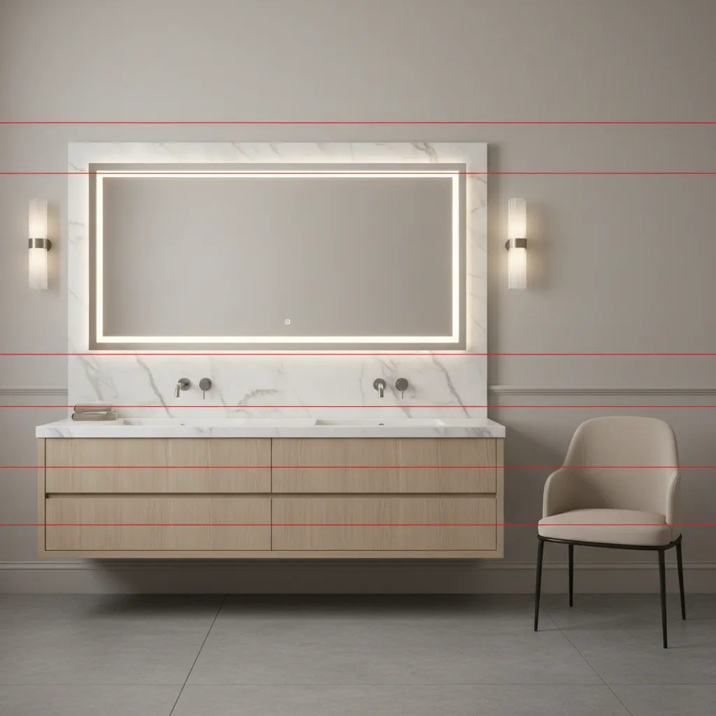 Bathroom wall diagram showing chair rail alignment with vanity and backsplash