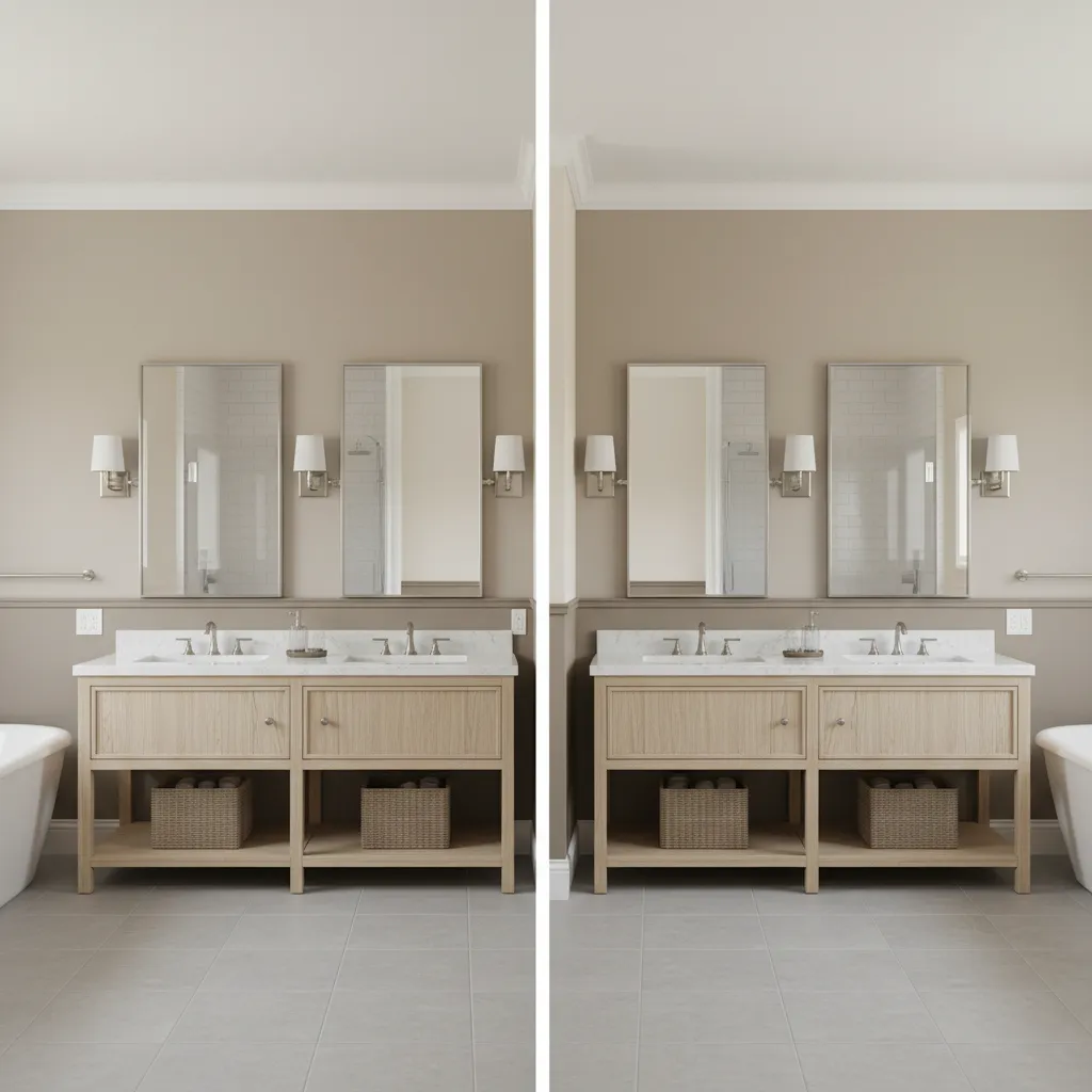 Comparison of low vs high chair rail placement in bathroom