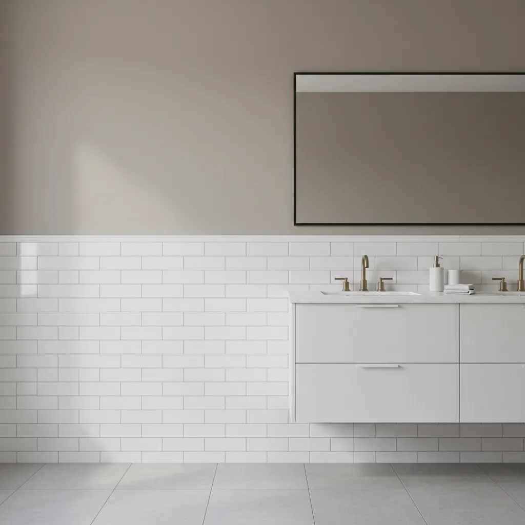 Bathroom wall with chair rail separating subway tile and painted wall