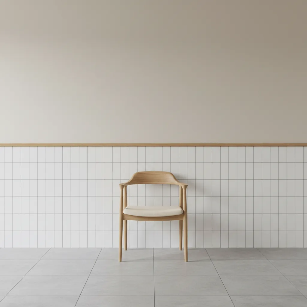 bathroom wall with chair rail molding separating tile wainscoting and painted wall