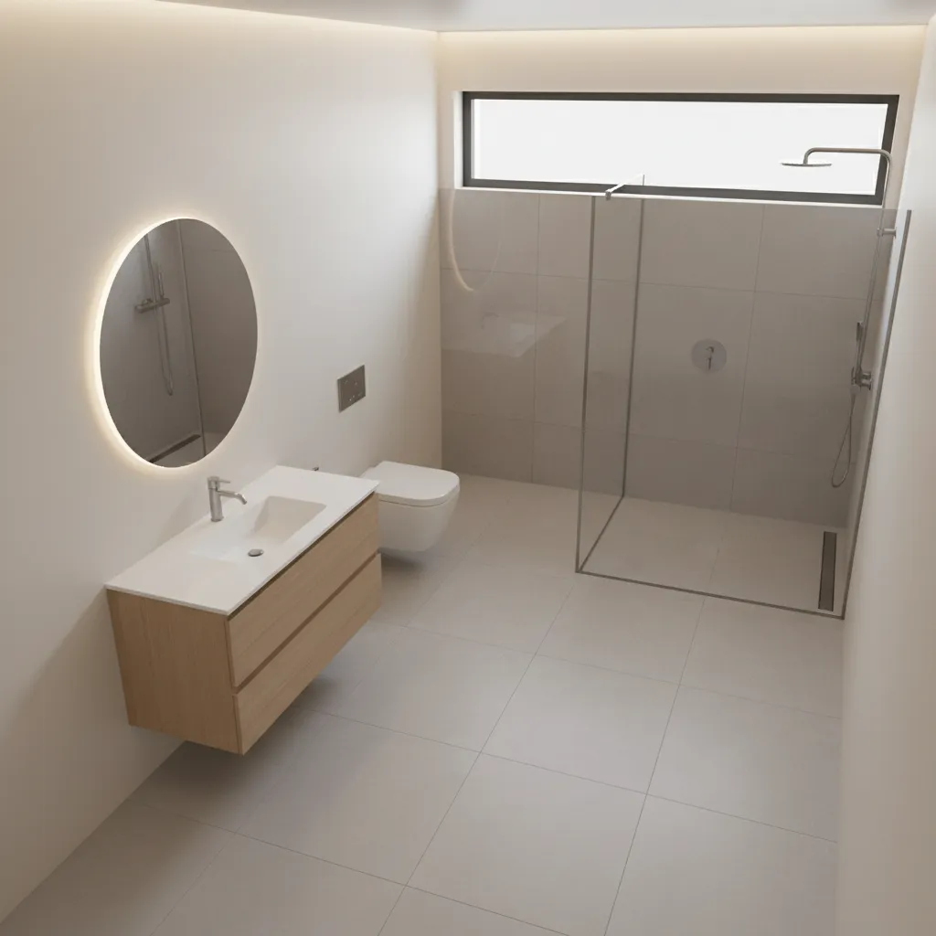 High angle bathroom view showing round light mirror wooden cabinet sink toilet and glass shower