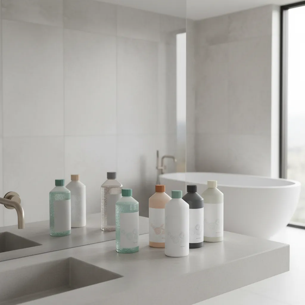 popular bathroom cleaning liquid bottles arranged on bathroom counter