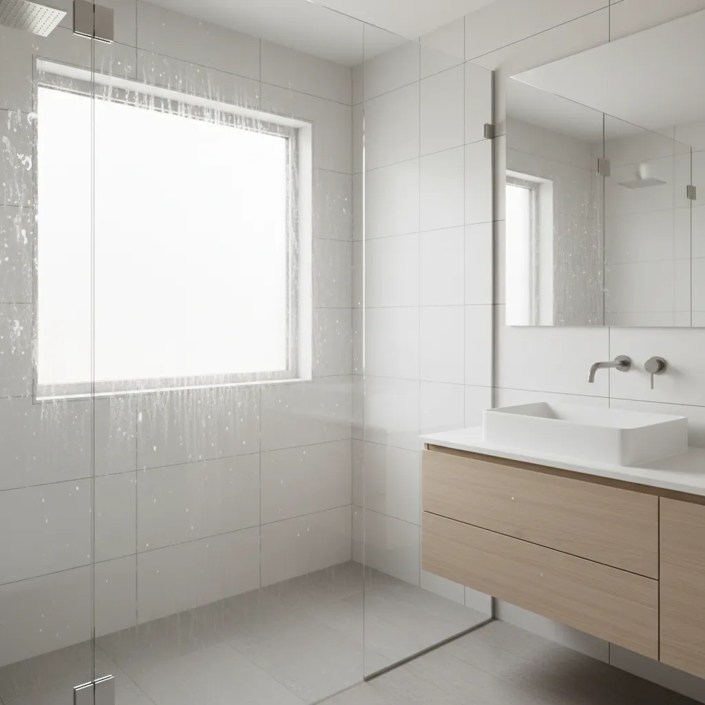 Modern bathroom with water spots on glass shower screen white tiles wooden cabinet and sink