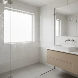 Modern bathroom with water spots on glass shower screen white tiles wooden cabinet and sink