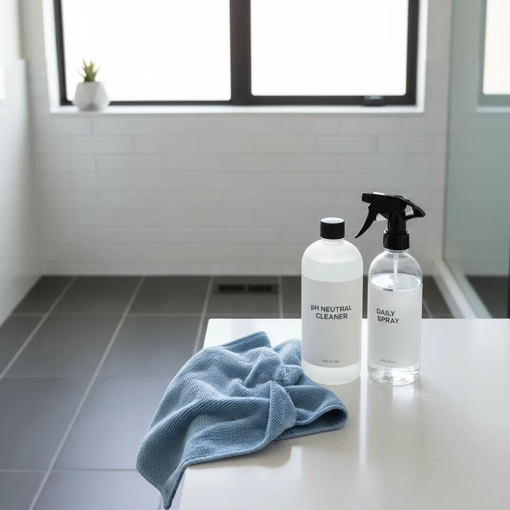 Minimal set of cleaning products and microfiber cloth for dark bathroom tile maintenance