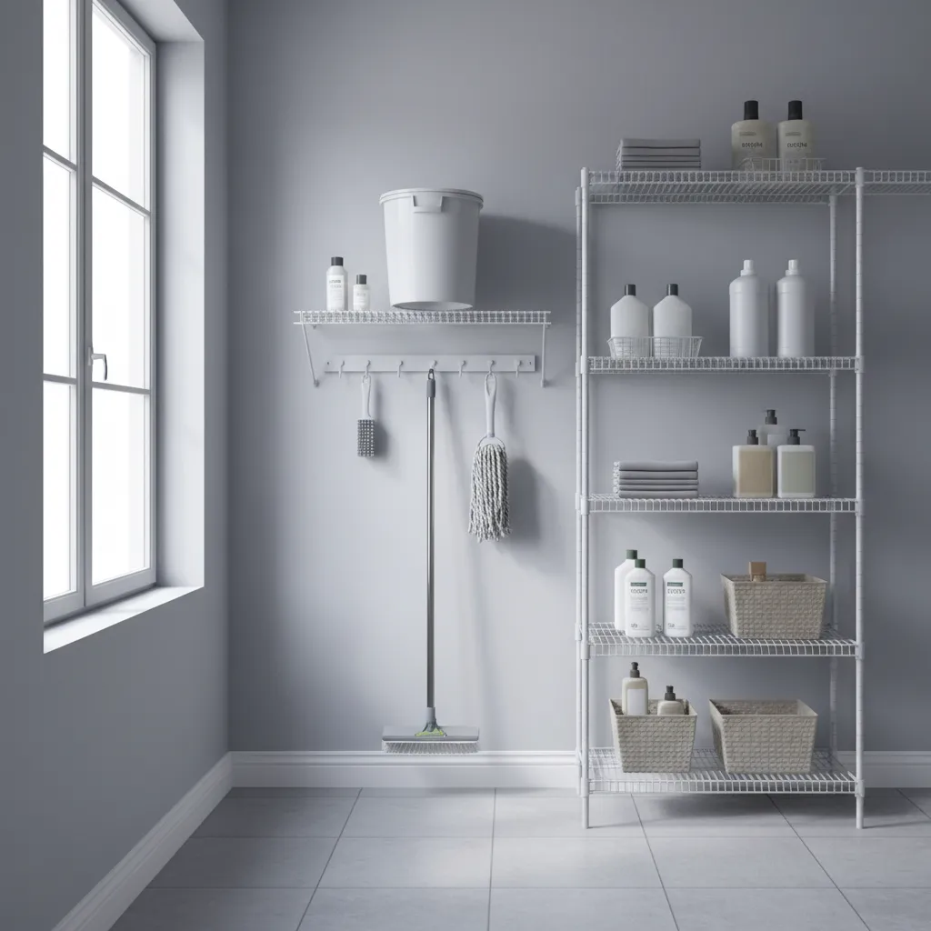 Bathroom cleaning bucket stored upside down on ventilated rack for drying