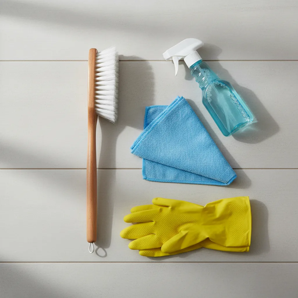 bathroom cleaning tools including brush spray bottle and microfiber cloth