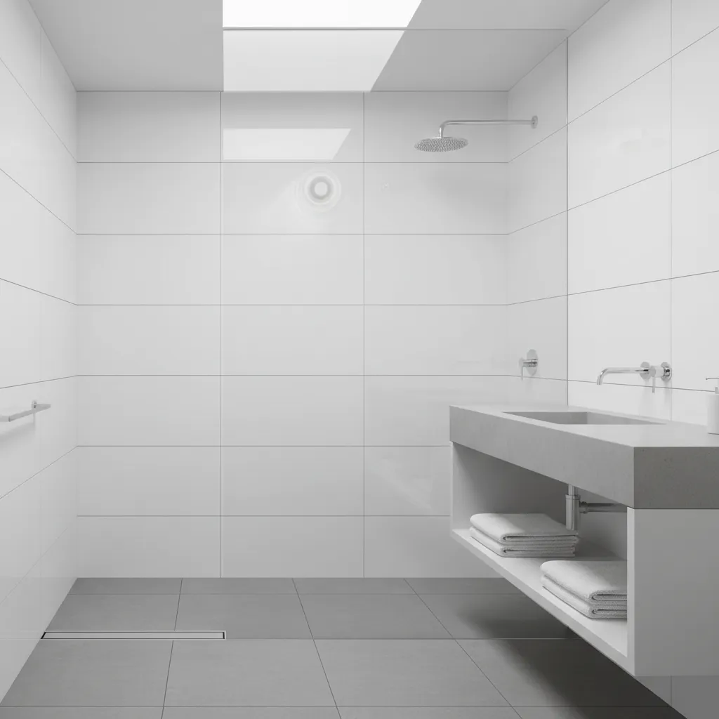 Minimalist white bathroom design featuring roof window shower head grey sink cabinet and white towels